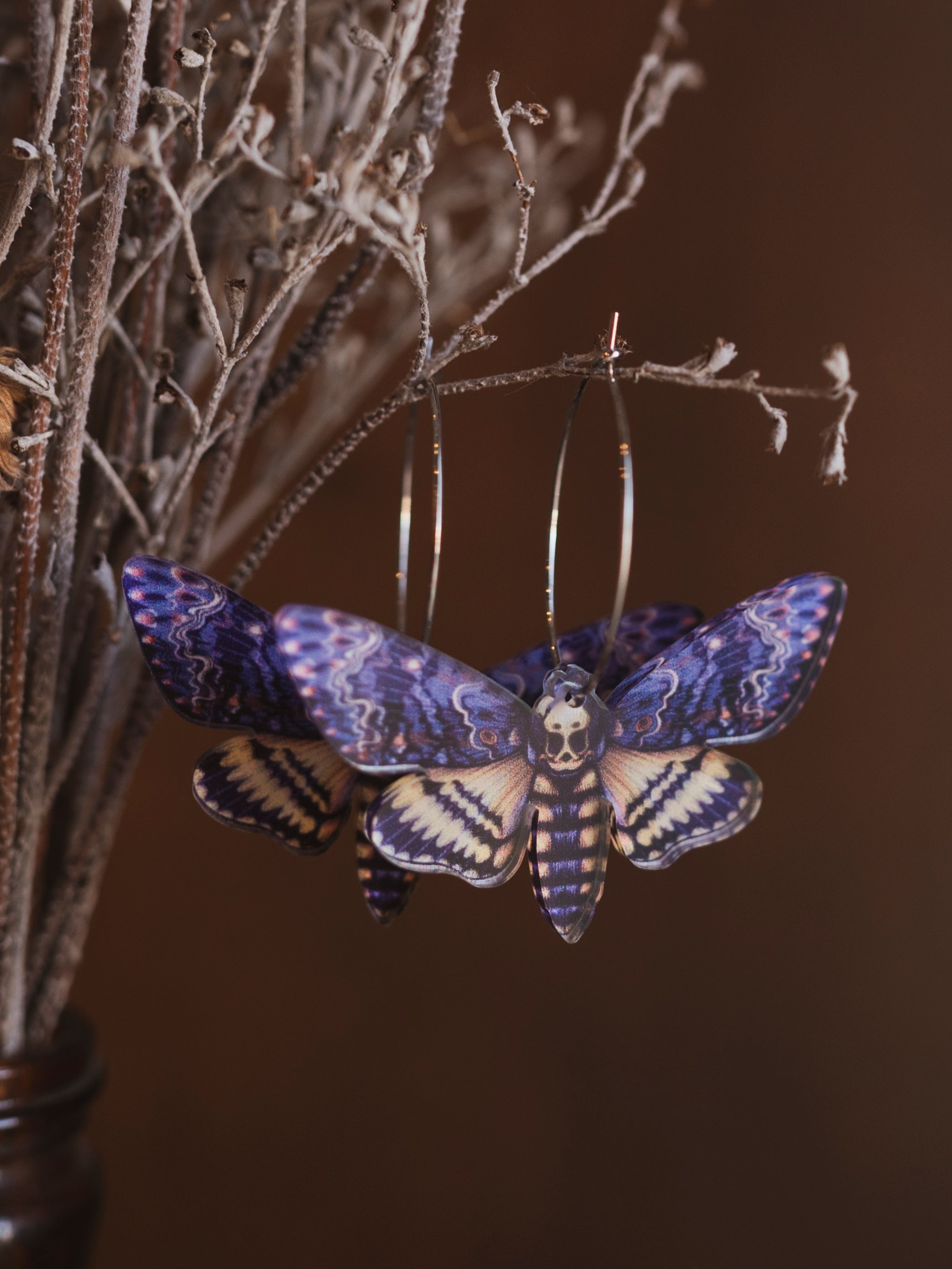 Acrylic Purple Death's Head Moth Earrings, CA1236