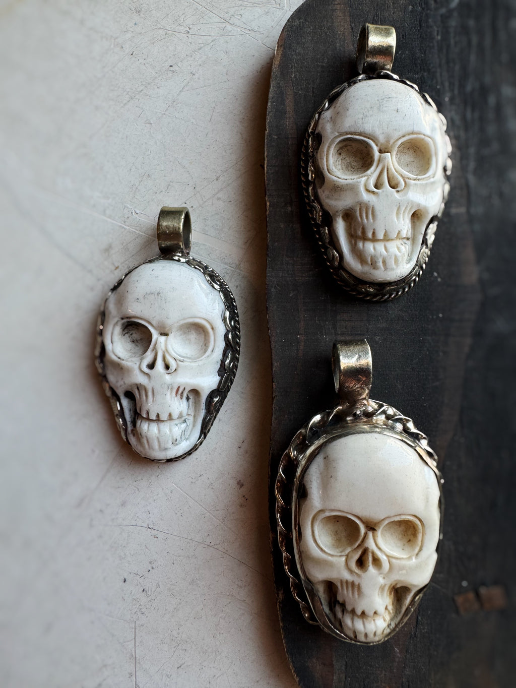 German Silver Buffalo Bone Skull Pendant, CA1396