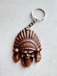 Wood Carved Headdress Skull Keychain, CA1327