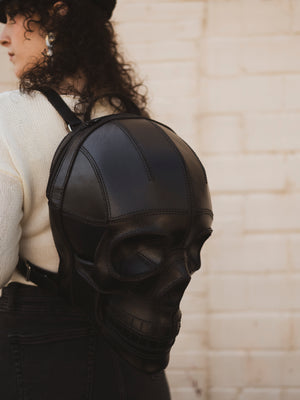 13" Extra Large Black Leather Skull Backpack, CO99