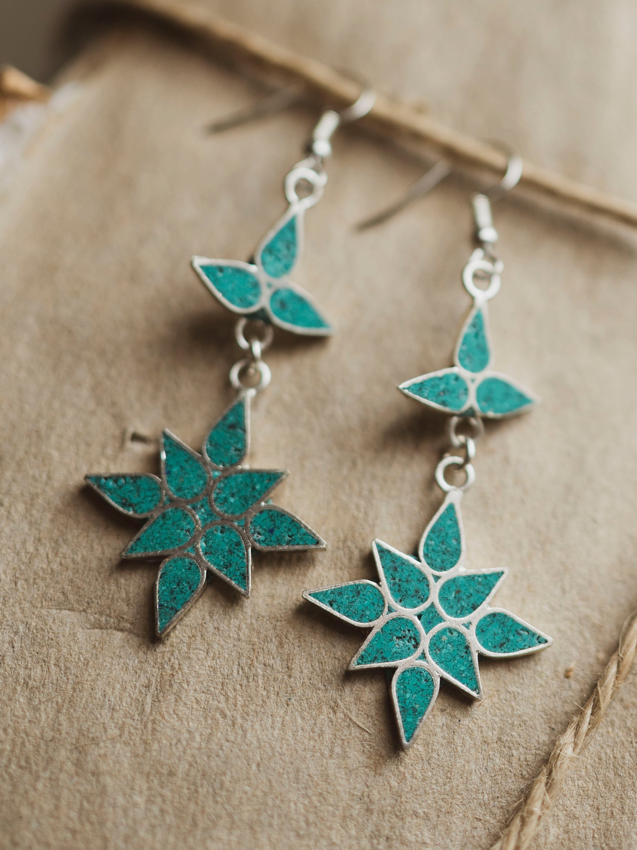 Tibetan Turquoise & Lapis Lazuli Star Earrings, CA695