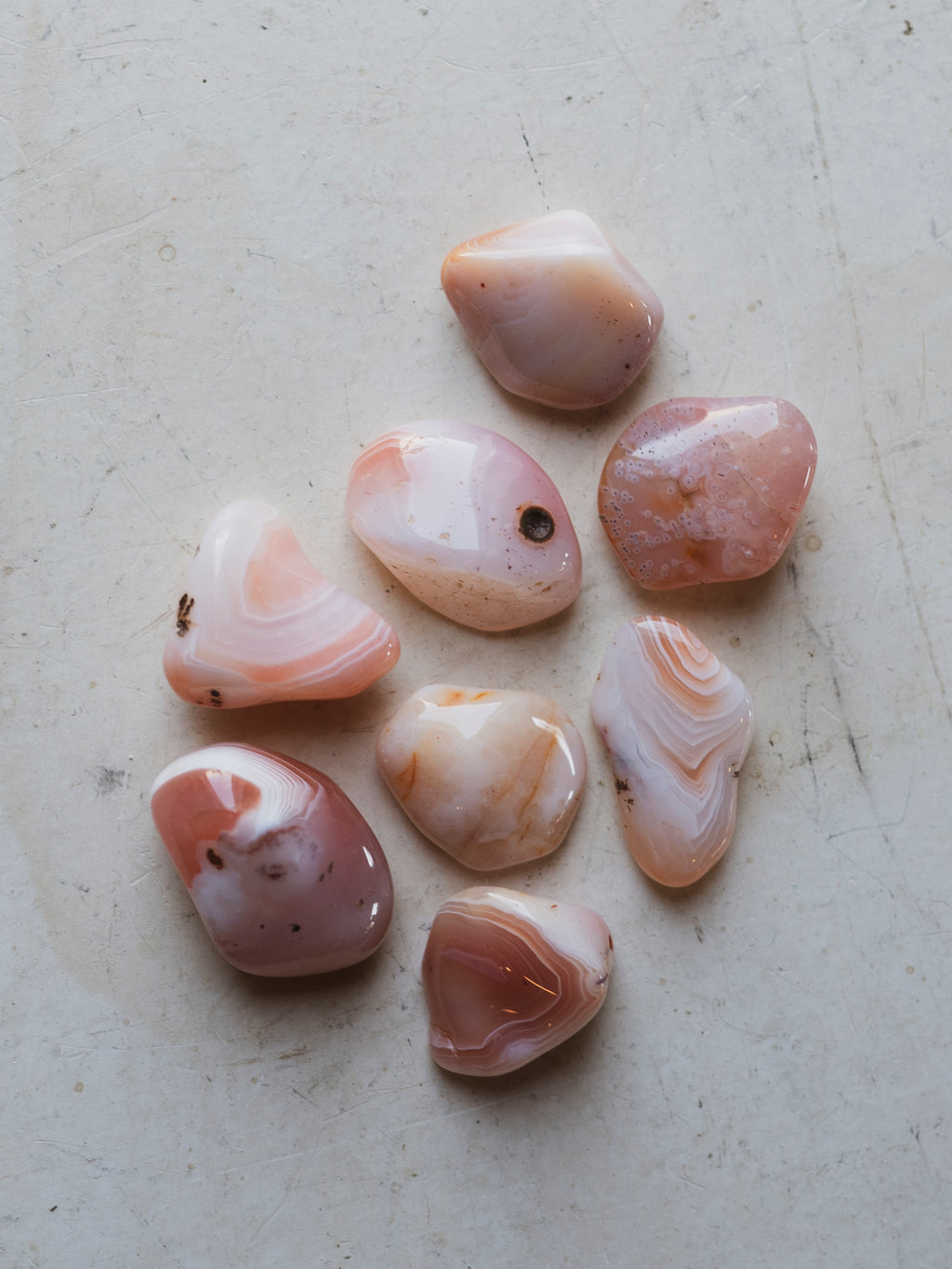 .75-1.5" Polished Pink Apricot Banded Agate, RM012