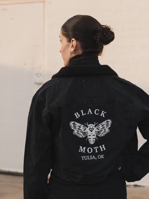 Cropped Black Fleece Denim Black Moth Jacket, CA906