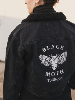Cropped Black Fleece Denim Black Moth Jacket, CA906
