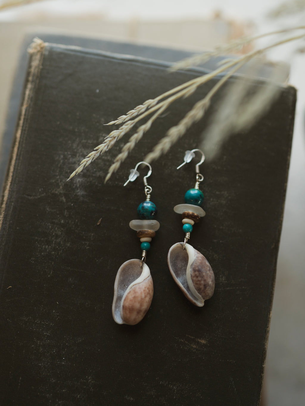 Taino Roots Blue Bead and Brown Shell Earrings, CO8