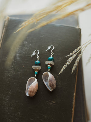 Taino Roots Blue Bead and Brown Shell Earrings, CO8