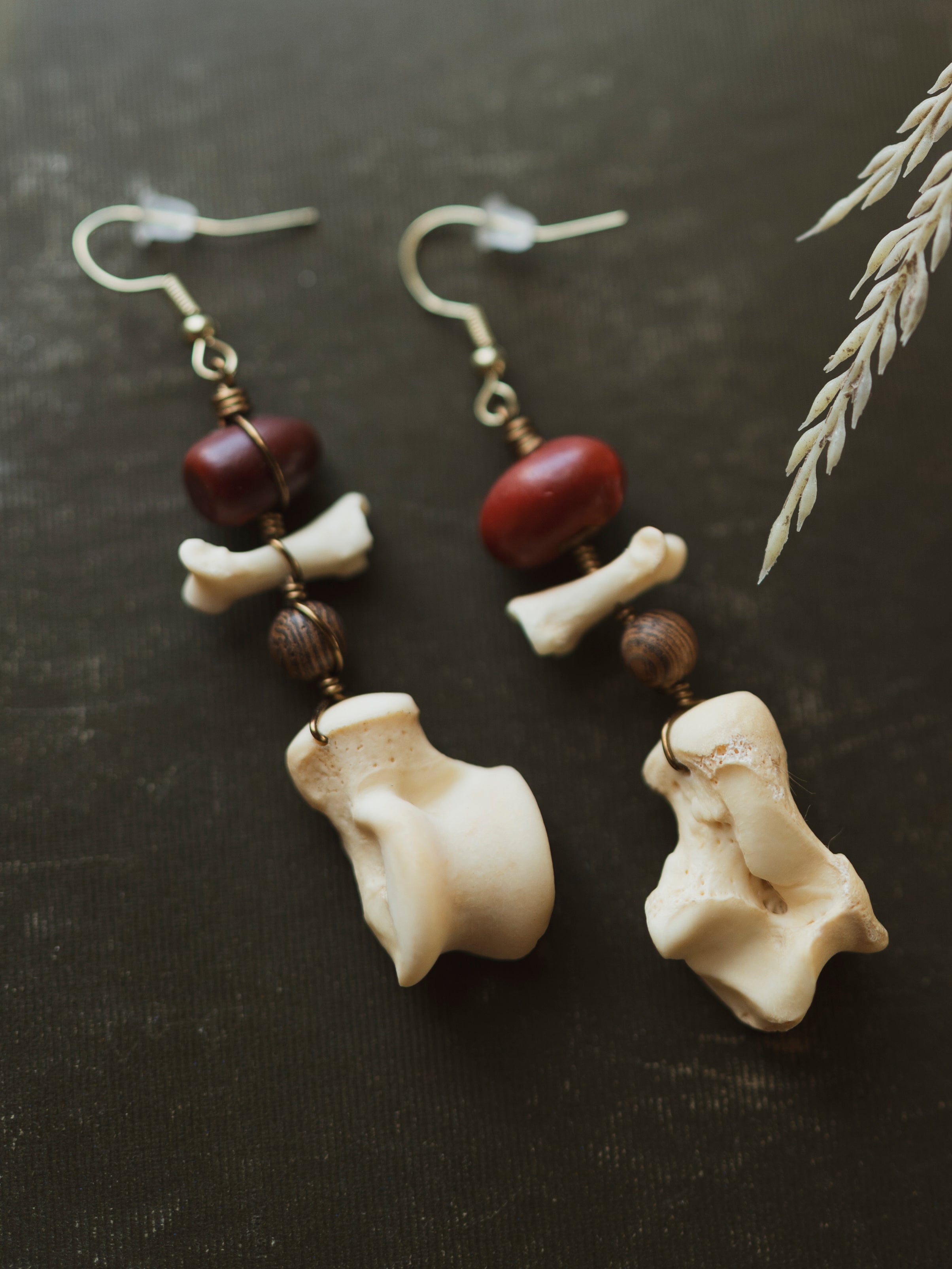 Taino Roots Red Bean and Bone Earrings, CO7