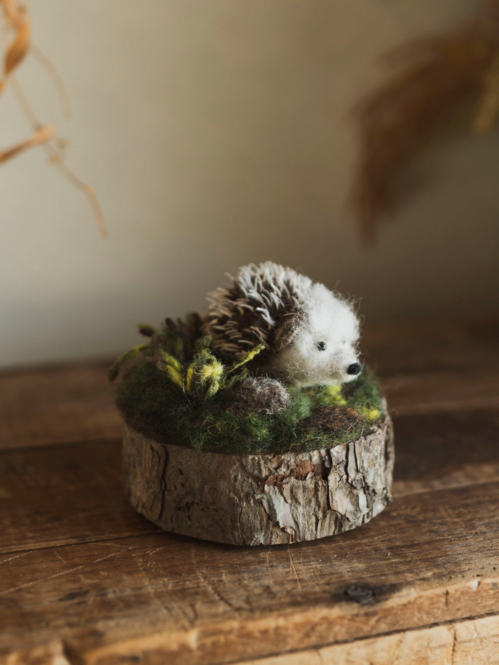 Hand Felted Sleeping Hedgehog on Wood Round, CO182