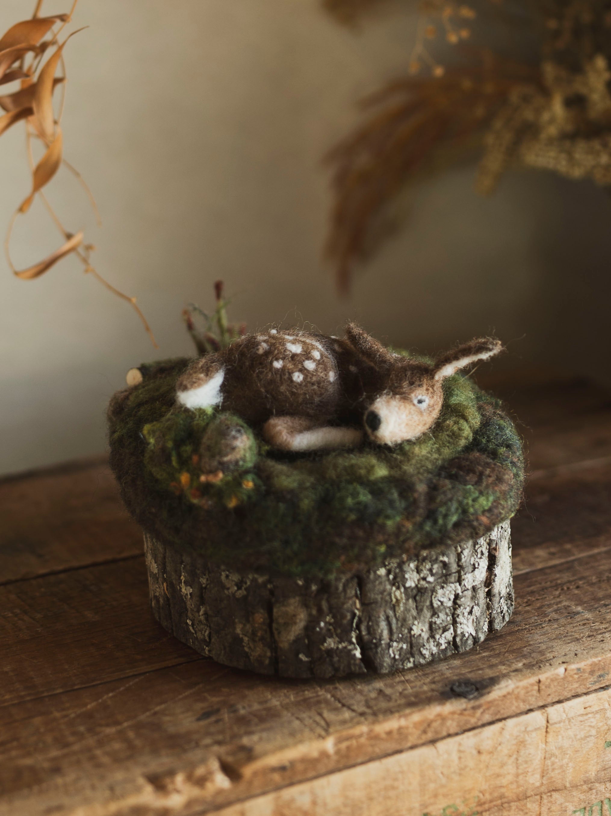 Hand Felted Sleeping Deer on Wood Round, CO180