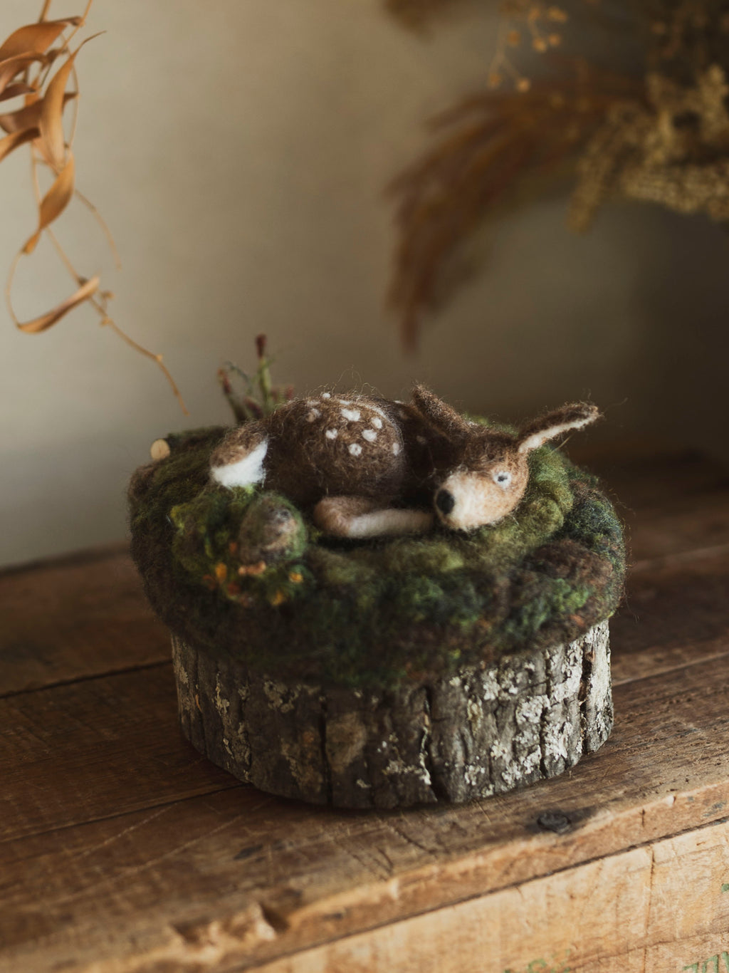Hand Felted Sleeping Deer on Wood Round, CO180