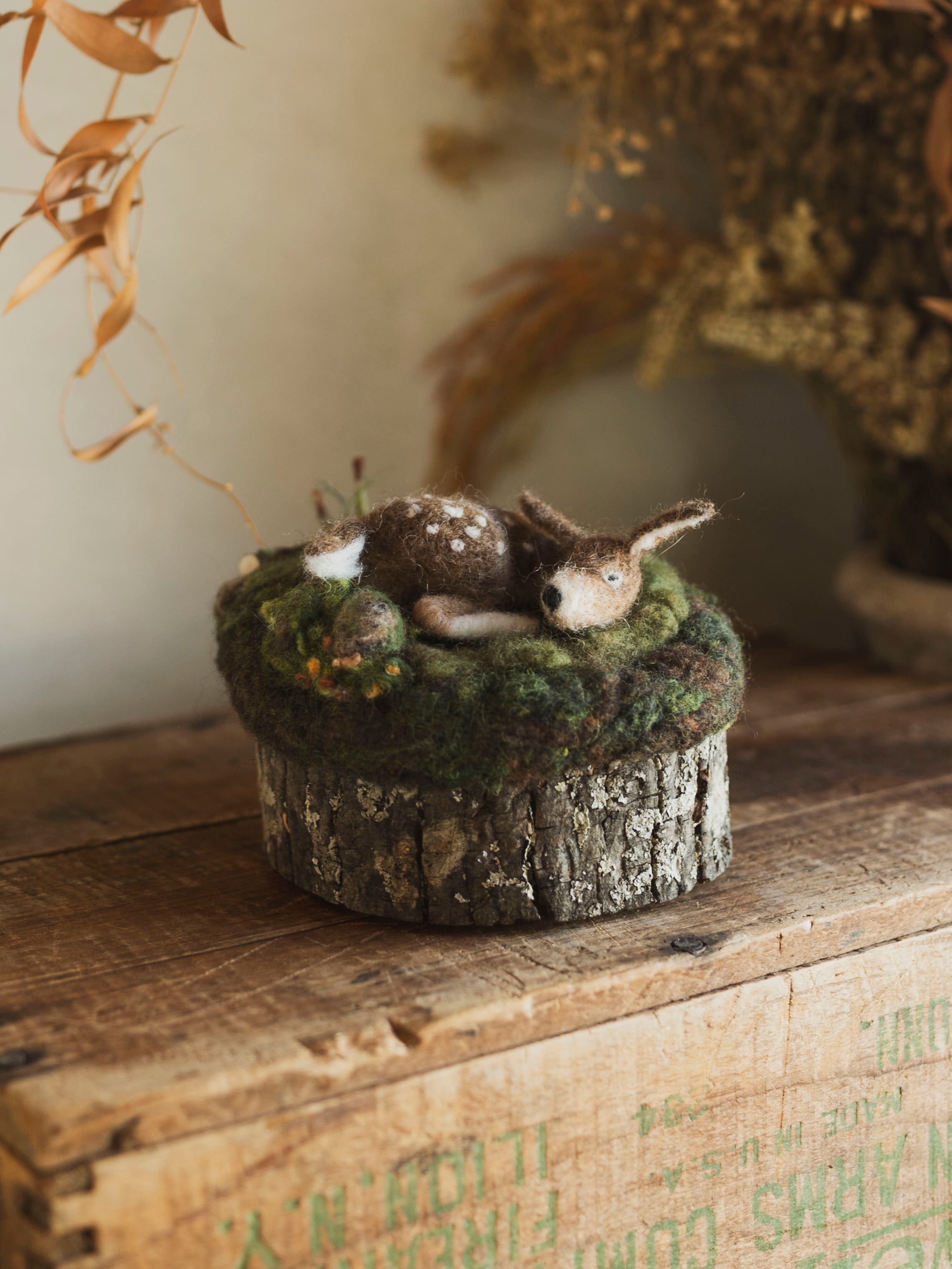 Hand Felted Sleeping Deer on Wood Round, CO180