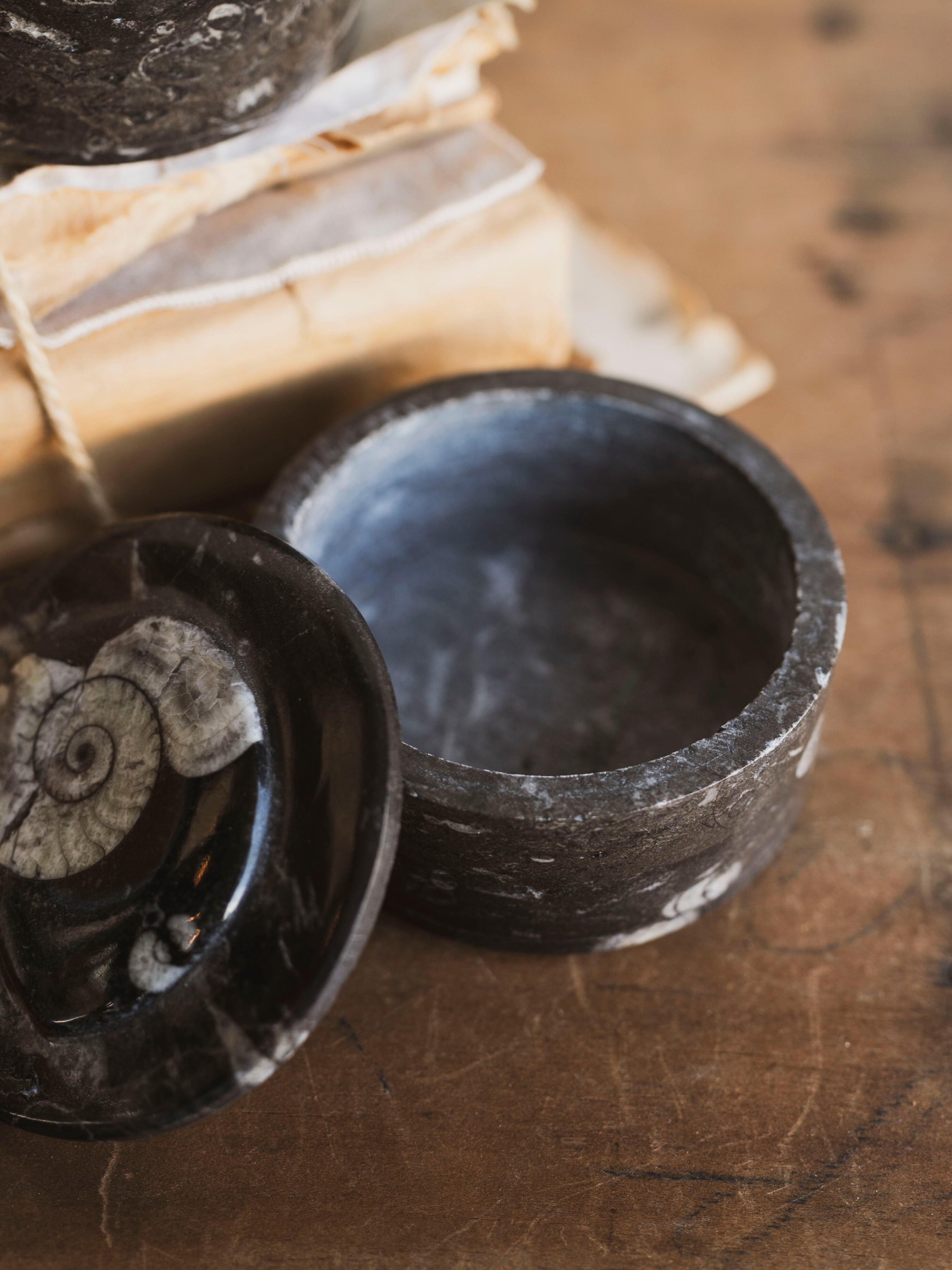 Round Fossilized Goniatite Box, RM137