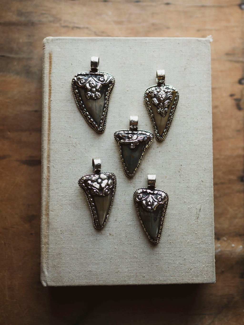 Ornate Silver Fossilized Megalodon Tooth Pendant, CA143
