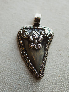 Ornate Silver Fossilized Megalodon Tooth Pendant, CA143