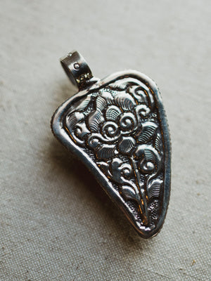 Ornate Silver Fossilized Megalodon Tooth Pendant, CA143