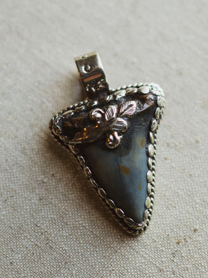Ornate Silver Fossilized Megalodon Tooth Pendant, CA143