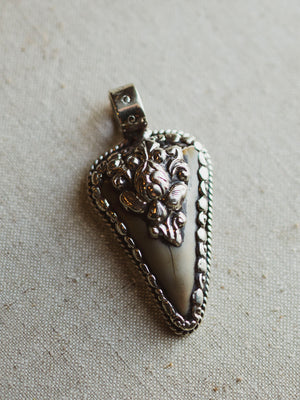 Ornate Silver Fossilized Megalodon Tooth Pendant, CA143