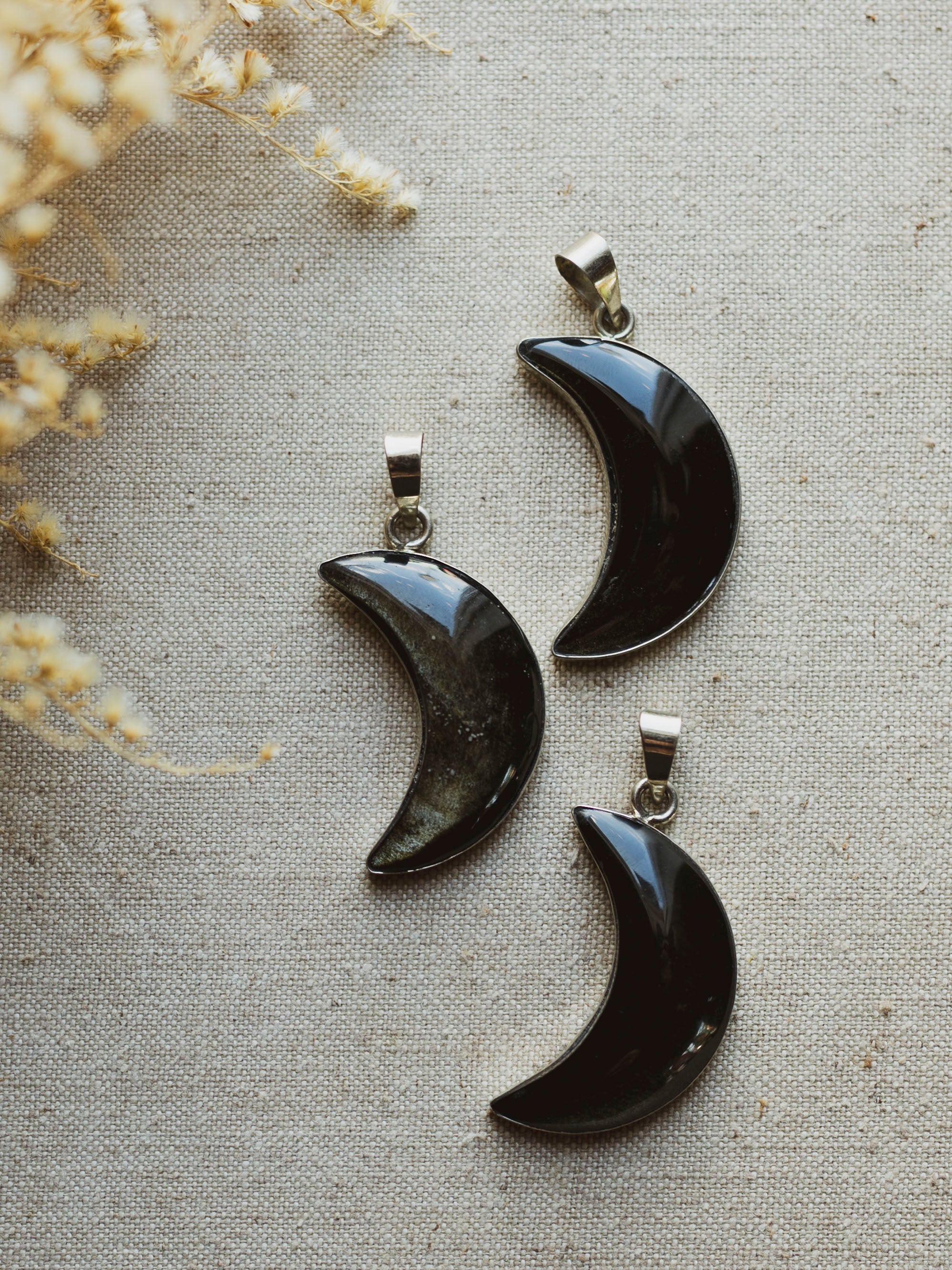 Silver Velvet Obsidian Moon Pendant, CA26