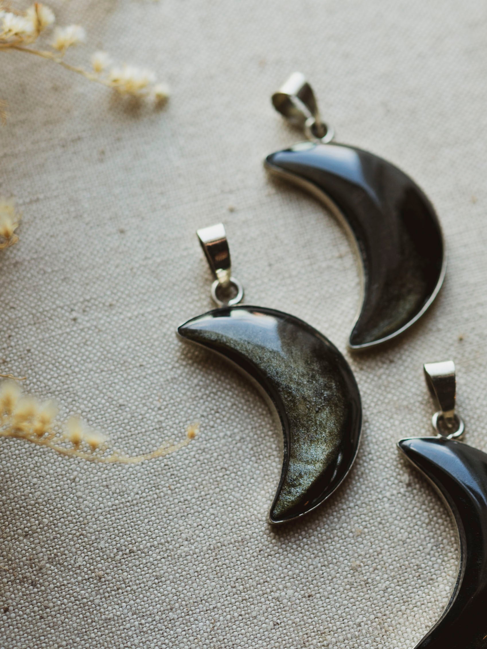 Silver Velvet Obsidian Moon Pendant, CA26