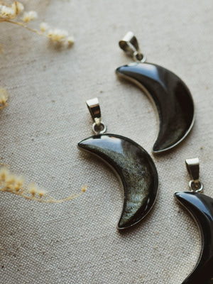 Silver Velvet Obsidian Moon Pendant, CA26