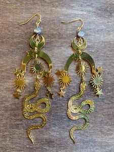 Gold Moon and Snake with Pearl Dangle Earrings, CA376