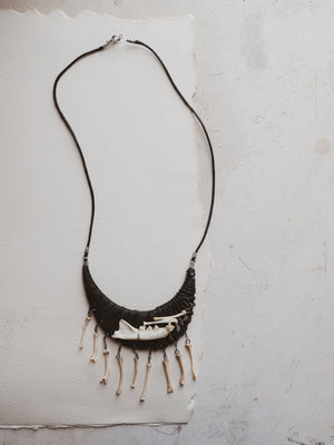 Cat Jaw w/ Mouse Bone Black Cord Necklace, CA865